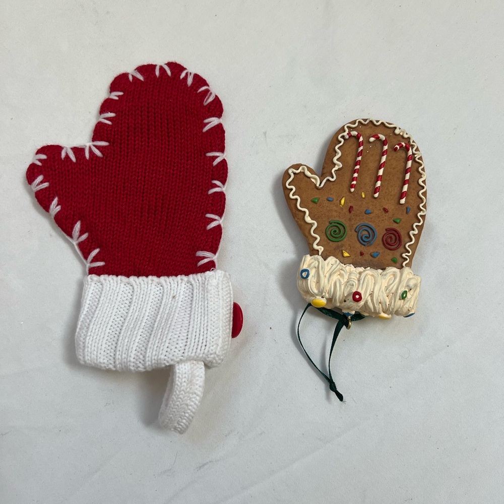 Christmas Mittens Ornaments (2) 1 Knit + 1 Stone Clay Hanging Decorated Vintage